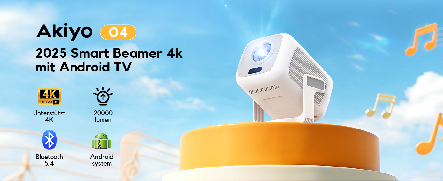 Smart проєктор AKIYO O4 з WiFi 6, Bluetooth 5.4, 4K, HDMI, USB, підтримкою PS5, автофокусом та автотрапецеїдною корекцією