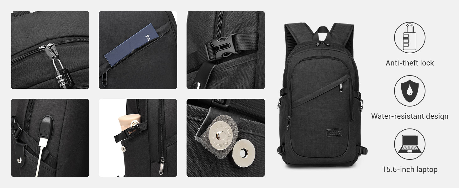 Чорний рюкзак для ноутбука KONO 15.6 дюймів, водонепроникний, антикрадійний, для роботи, подорожей та навчання