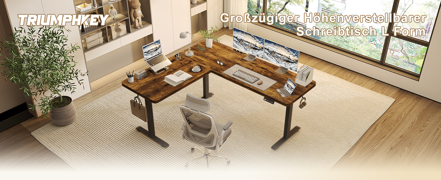 Регульований кутовий стіл 160x140 см з полицею, електропривод, коричневий