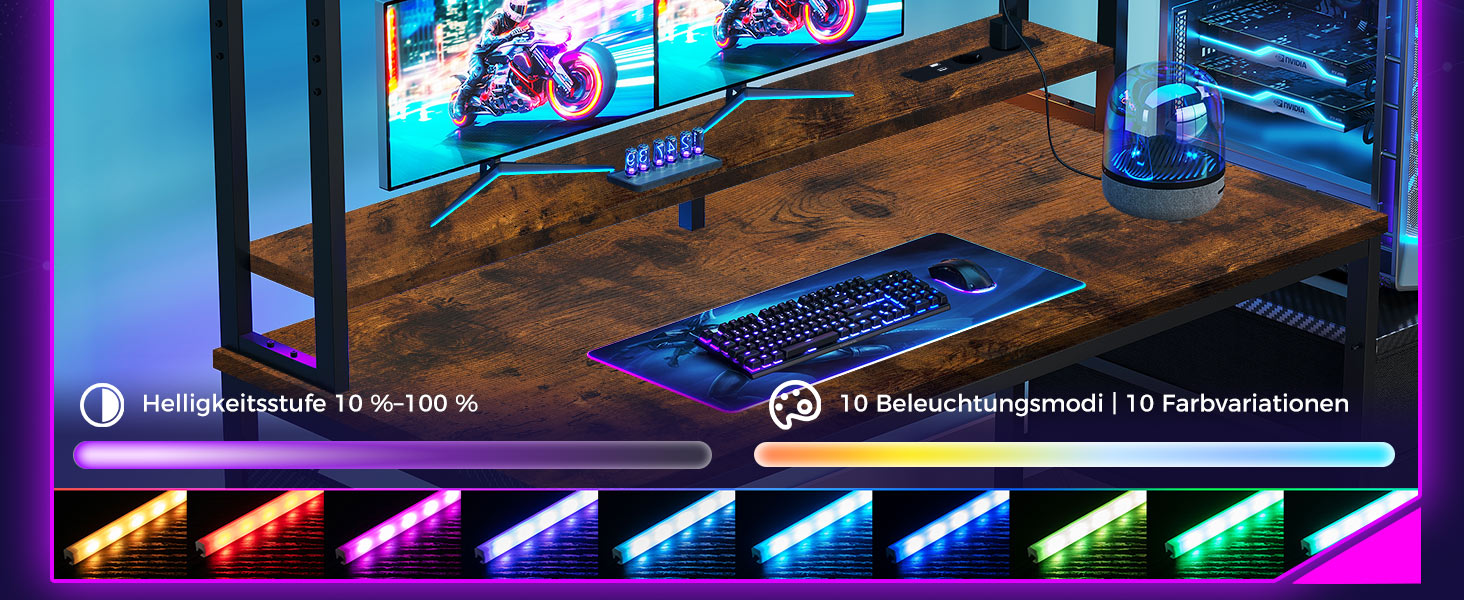 Ігровий стіл Coleshome з полицями та ящиками, 137x48 см. Стіл для геймінгу з LED-підсвічуванням та розеткою, комп'ютерний стіл з місцями для зберігання та підставкою для монітора (Коричневий)