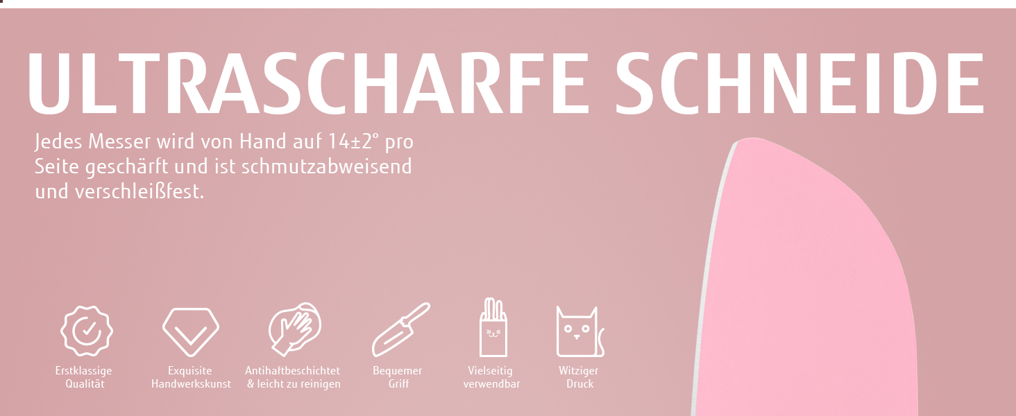 Набір кухонних ножів Hecef: 5 штук у блоці, рожевий, з ручками у формі котів