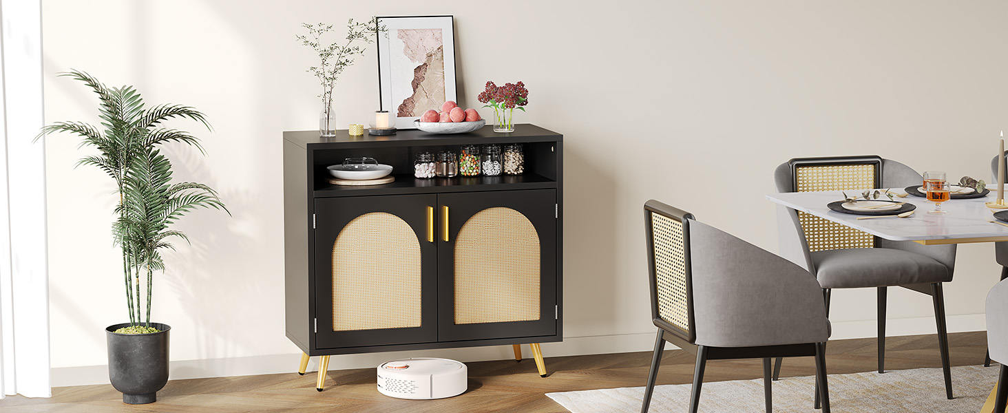 Сервант-комод YITAHOME чорний, кухонна шафа-буфет з ротанговими вставками, 80x35x75 см