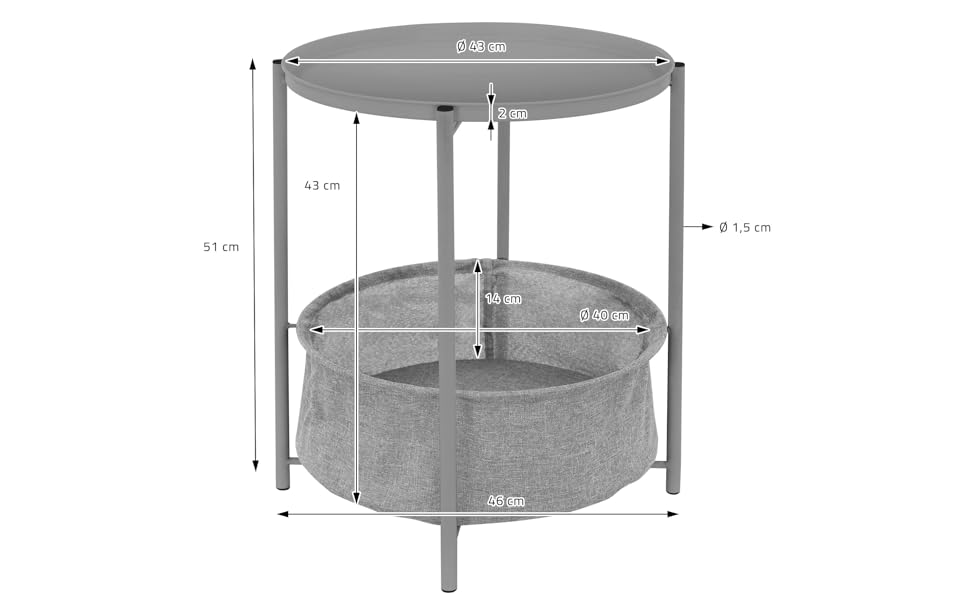 Журнальний стіл ML-Design круглий Ø46 x H51 см, металевий, журнальний столик з тканинним кошиком і знімним підносом, диванний столик з кошиком для зберігання, сучасний дизайн, маленький столик, стіл для вітальні Приліжкова тумбочка (сірий)
