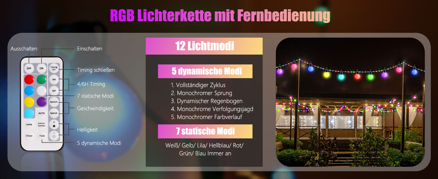 LED гірлянда B-right 12.5м RGB з пультом, IP65, 20 G40 лампочки для декору приміщень та вулиці, на Різдво, Хелловін, балкон, дитячу кімнату, сад