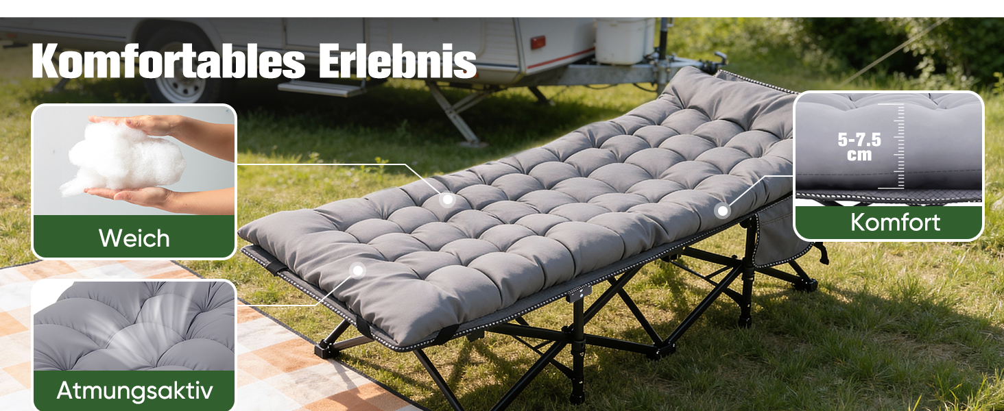 Розкладне ліжко для кемпінгу Sekey XXL (190x71x35 см) з матрацом, посилений сталевий каркас та тканина Oxford, сіре