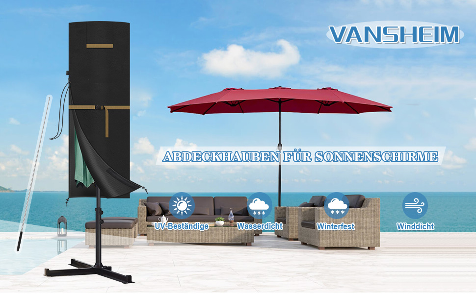 Захисний чохол для двостороннього парасоля VANSHEIM до Ø 400 см. Водонепроникний, захист від УФ, для парасолів-маркіз. Розмір 460x270 см.