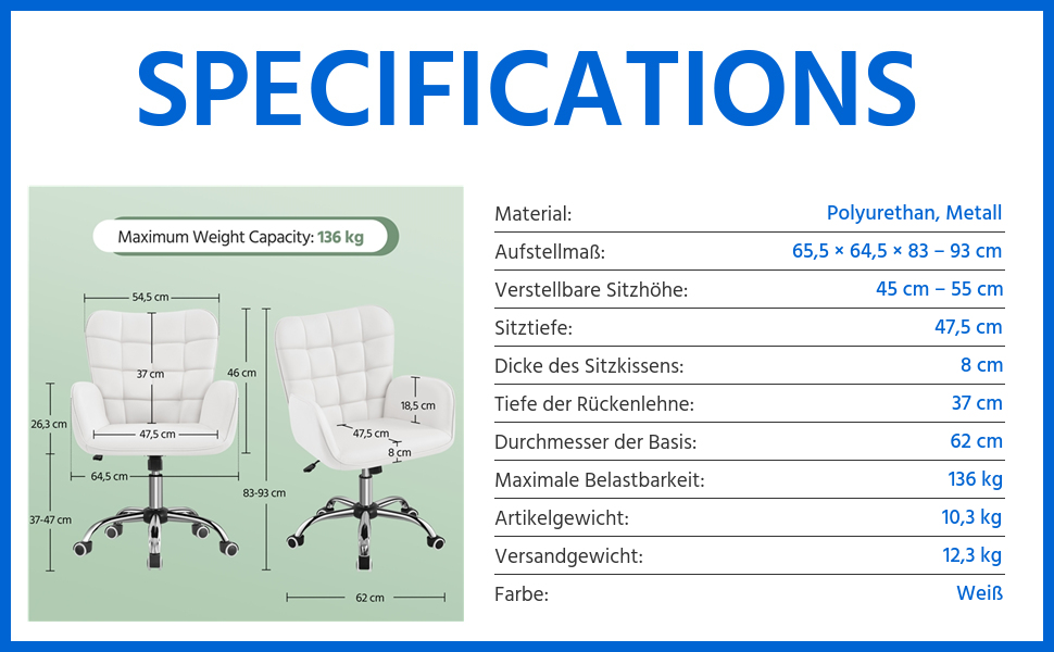 Офісне крісло Yaheetech: ергономічне, регульоване, з підлокітниками та роликами (до 136 кг), біле