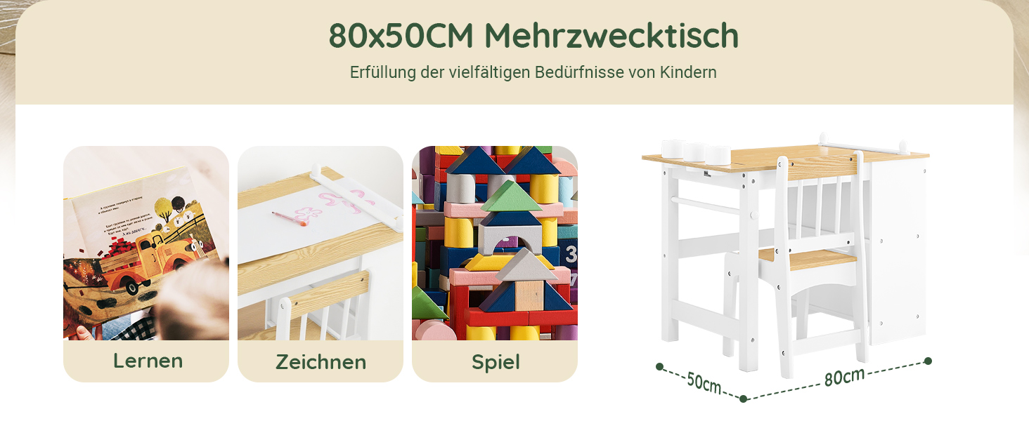 Дитячий стіл SoBuy з табуретом, комплект меблів для дитячої кімнати, ігровий та мальований стіл для дітей, світлий 80x66x50 см KMB60-B (білий-натуральний)