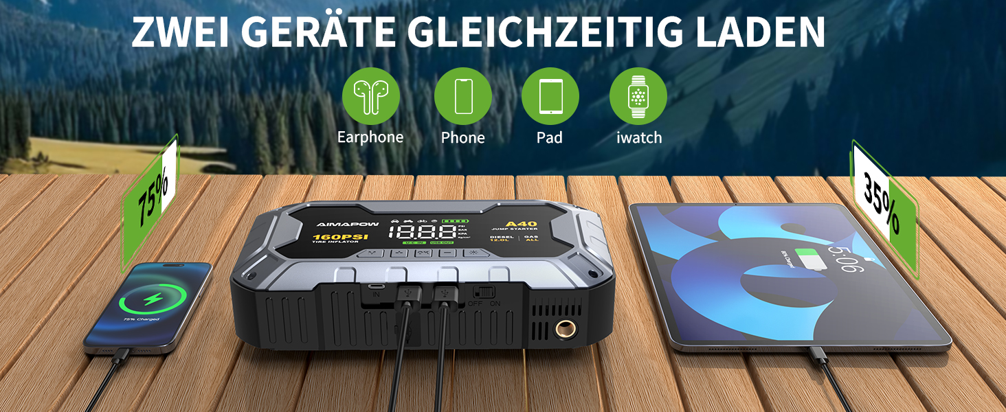 Powerbank для автомобіля AIMAPOW Starthilfe 8000A з компресором та LED-ліхтарем, 27000mAh, 160PSI, для бензинових та дизельних двигунів (до 12.0L)