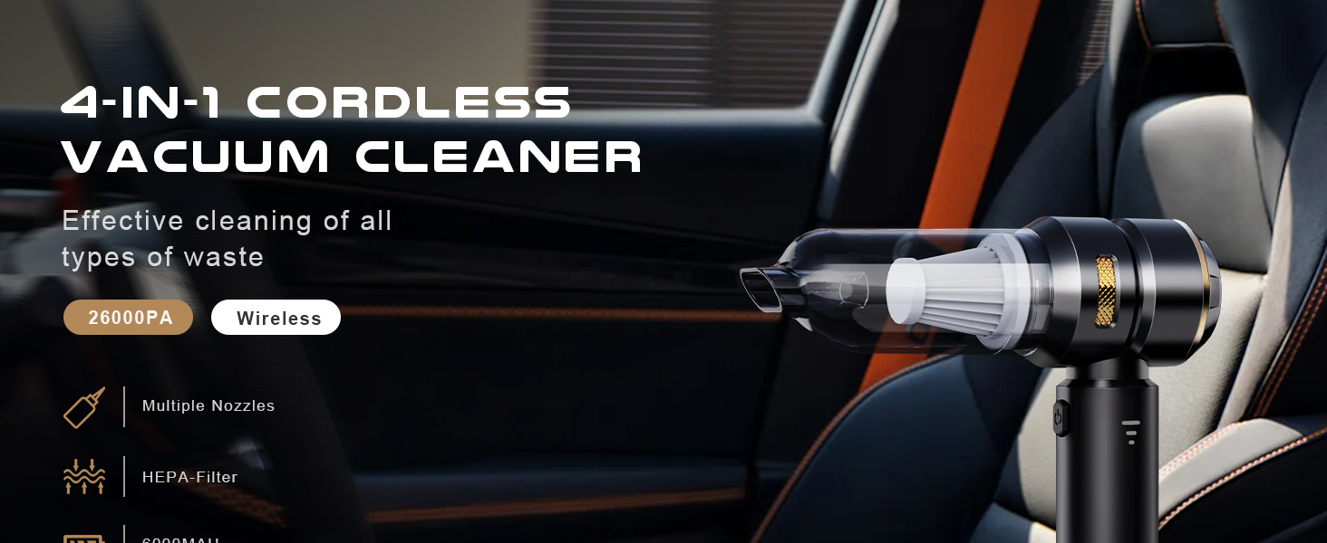 Акумуляторний ручний пилосос KITBEZN 4-в-1 для авто та дому, бездротовий міні-пилосос з безщітковим двигуном, потужність 26000Па, 3 режими роботи, чорний