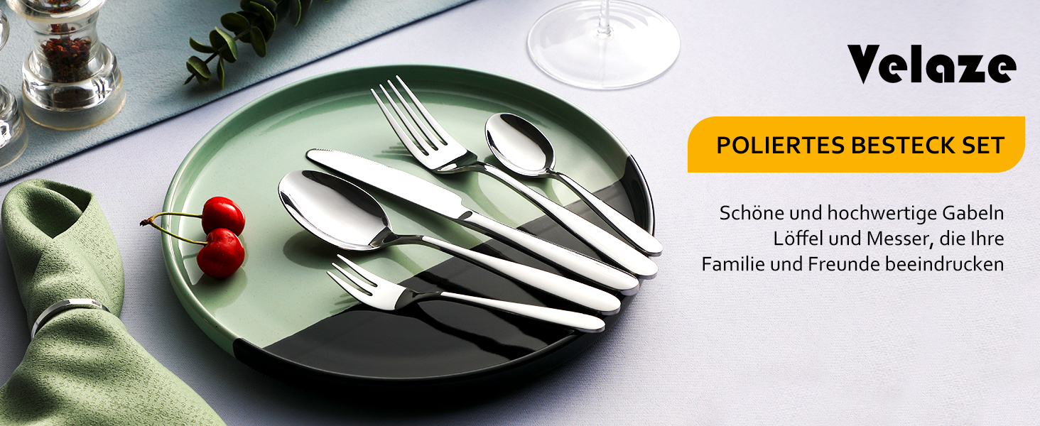 Набір столових приборів Velaze на 12 осіб (60 предметів) з нержавіючої сталі, столовий набір з 12 ножів, виделок, десертних виделок, ложок та чайних ложок, полірований, придатний для миття в посудомийній машині