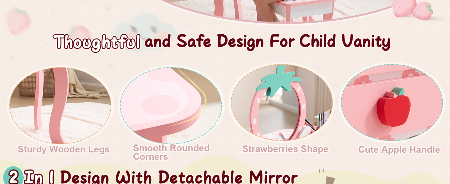 Дитячий туалетний столик LEADZM з пуфом для дівчаток, з шухлядою та двома 180° відкидними дзеркалами, для дітей 3-9 років (білий та рожевий)