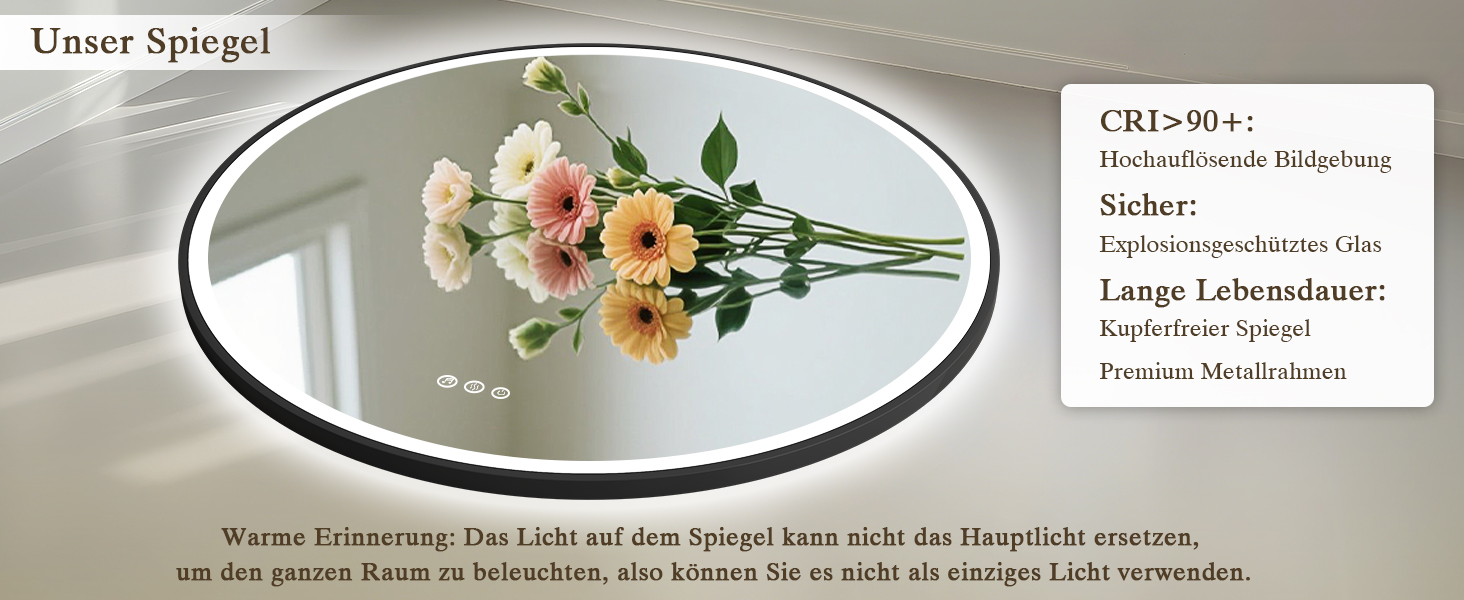 Дзеркало для ванної кімнати з підсвічуванням LED, кругле, 50 см, сенсорне керування, регулювання яскравості, функція пам'яті, захисне скло HD, захист від вибуху, Bluetooth, антизапар, металевий каркас, 60x60 см