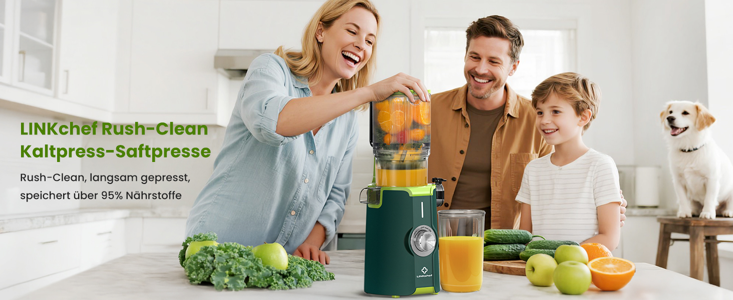 LINKChef Швидковичавник Slow Juicer: холодний віджим, для овочів та фруктів, легко миється, BPA Free, 200W (зелений)