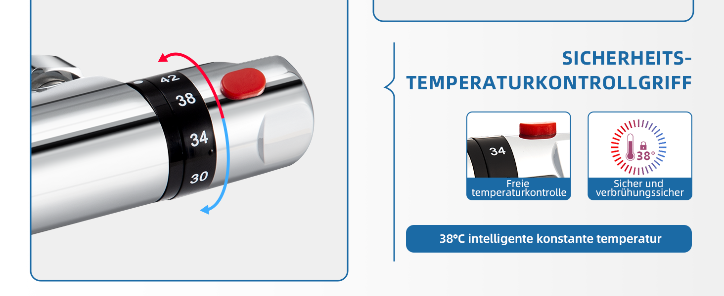 Змішувач для ванни з термостатом Uten, ванний термостат з 38°C захистом, 2 виходи для води, латунь (срібло)