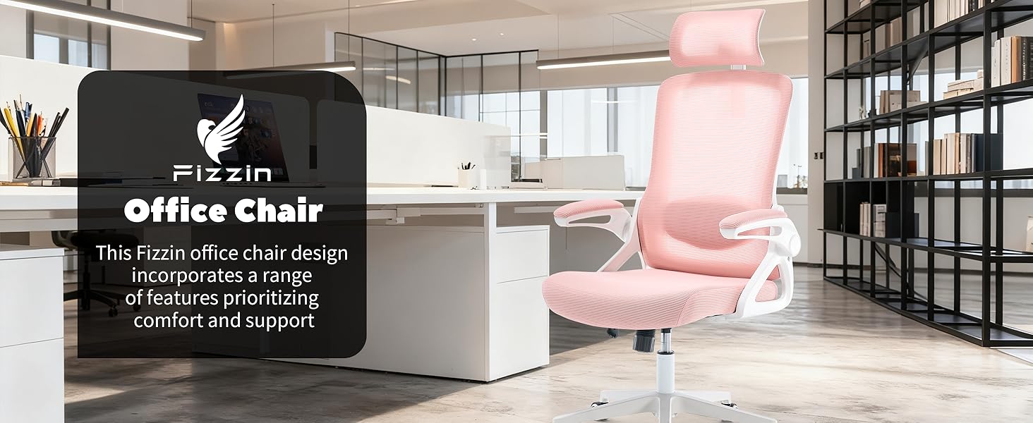 Ергономічне крісло для офісу Fizzin, комп'ютерне крісло з регульованою поперековою підтримкою, дихаюча сітчаста спинка, посилене сидіння, зручне крісло для дому та офісу (рожеве)