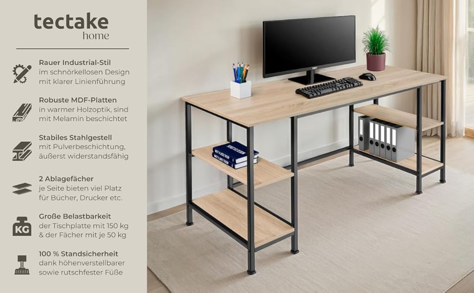 Письмовий стіл tectake Industrial 80x65.5x130.5 см з полицями, висувною полицею для клавіатури та шухлядою - Sonoma Oak (Світле дерево)