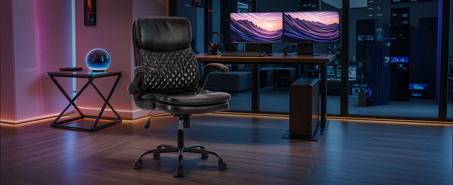 Офісний крісло Colamy: ергономічний, з високою спинкою, регульовані підлокітники, шкіряне покриття, чорний