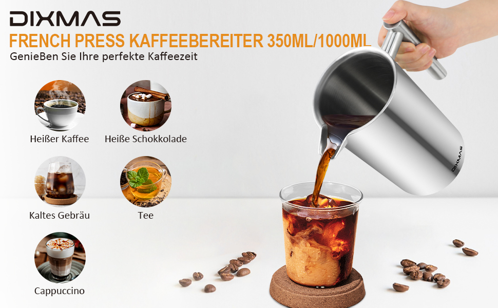 Френч-прес Dixmas для кави, нержавіюча сталь, 350 мл (2 чашки), термоізольований, двостінний