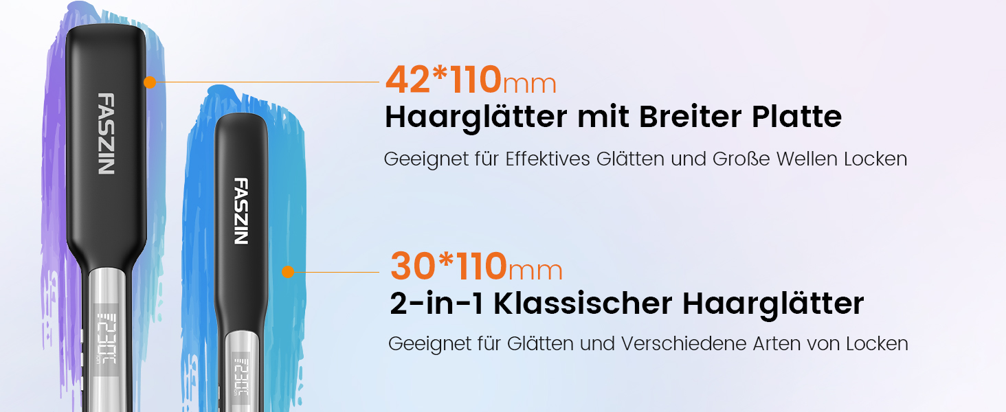 Професійні випрямлячі Faszin, титанові пластини шириною 42 мм з функцією негативного іону, швидке нагрівання 30 секунд, відображення температури в реальному часі, 11 регульованих рівнів температури (130-230 C) - Чорний, Чорний, Дуже широкий