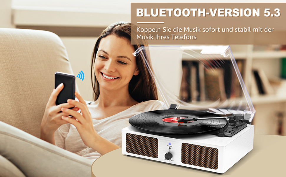 Вініловий програвач Udreamer з Bluetooth, вбудованими динаміками, ремінним приводом, 3 швидкості, ретро-стиль, білий, для музики та декору