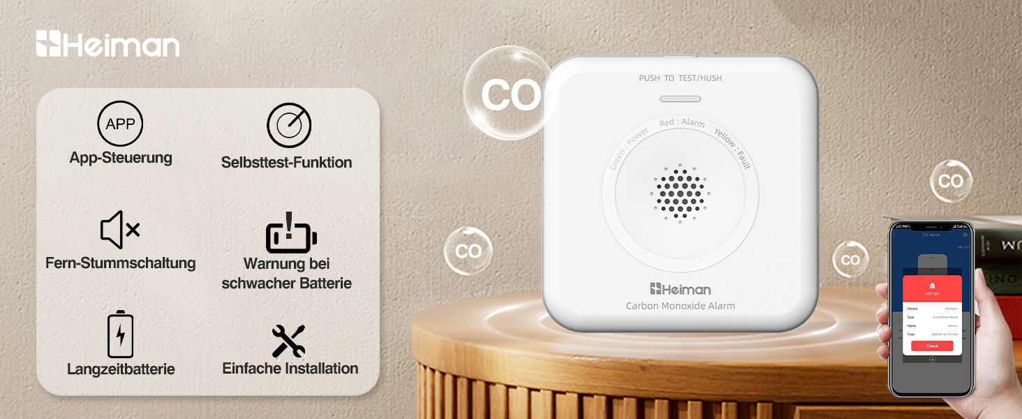 Датчик CO Heimann WS-725ES: Wi-Fi, 10 років служби, сумісний з Tuya/SmartLife