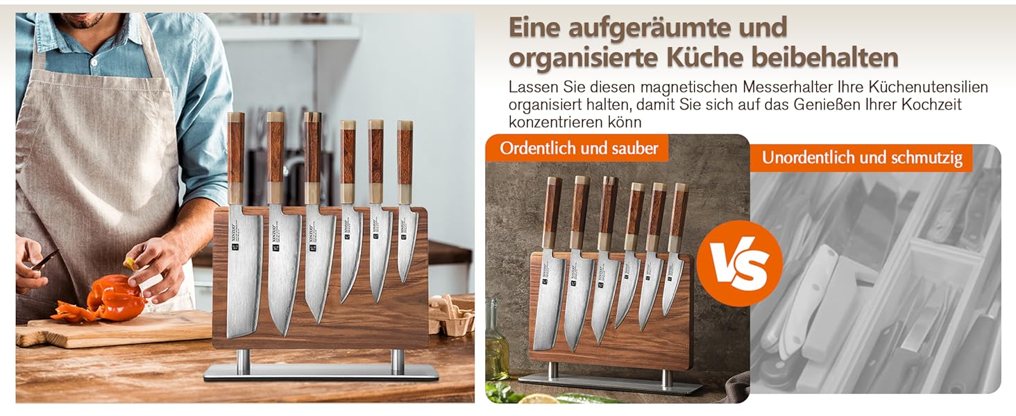 Блок для ножів XINZUO з волоського горіха, магнітний, двосторонній - тримач для ножів без ножів, для кухні, легко миється, з подарунковою коробкою