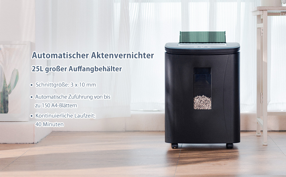 Автоматичний шредер для документів з мікрорізом: 150 аркушів, P-4 безпека, 40 хв роботи, 25 л контейнер, тихий, портативний, для дому, офісу, шкіл, бізнесу