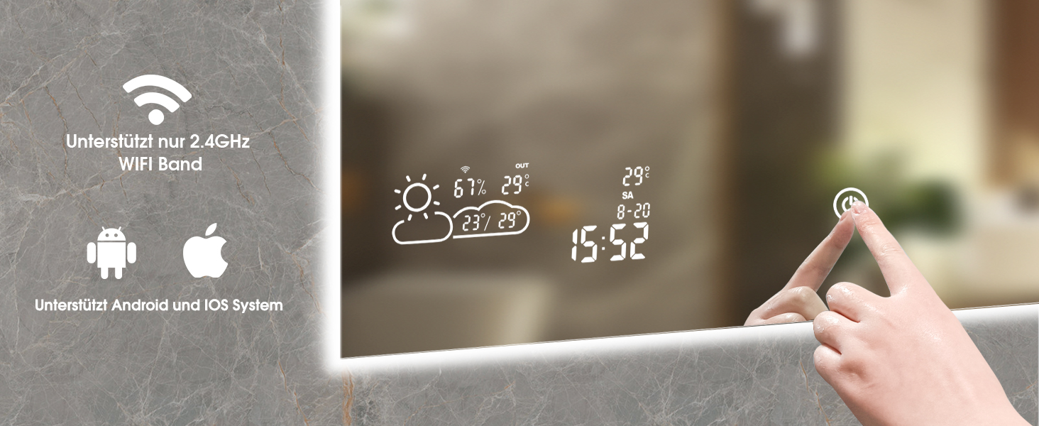 Дзеркало для ванної кімнати LED ByeCold 60x80 см з підсвічуванням, антизапарювання, WiFi, погода та дата, сенсорне управління