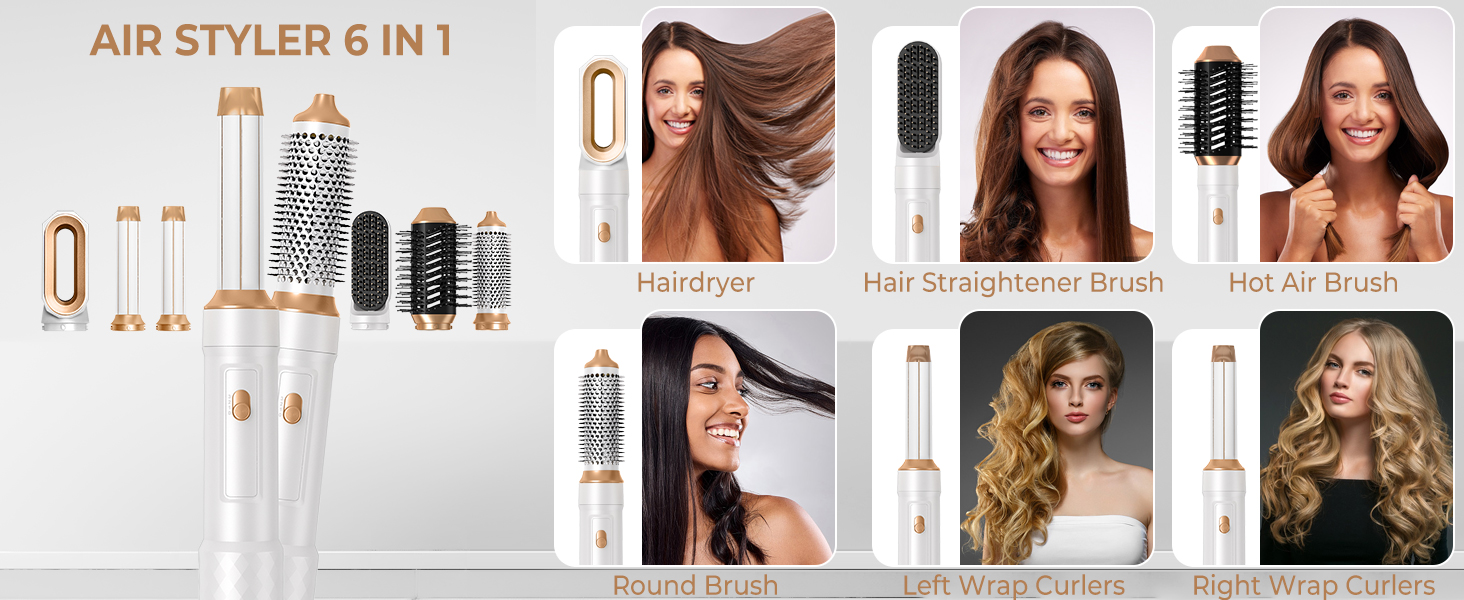 В 1 Ion Airstyler фен, щітка з гарячим повітрям, плойка, щітка для випрямлення, білий/золотий, 6