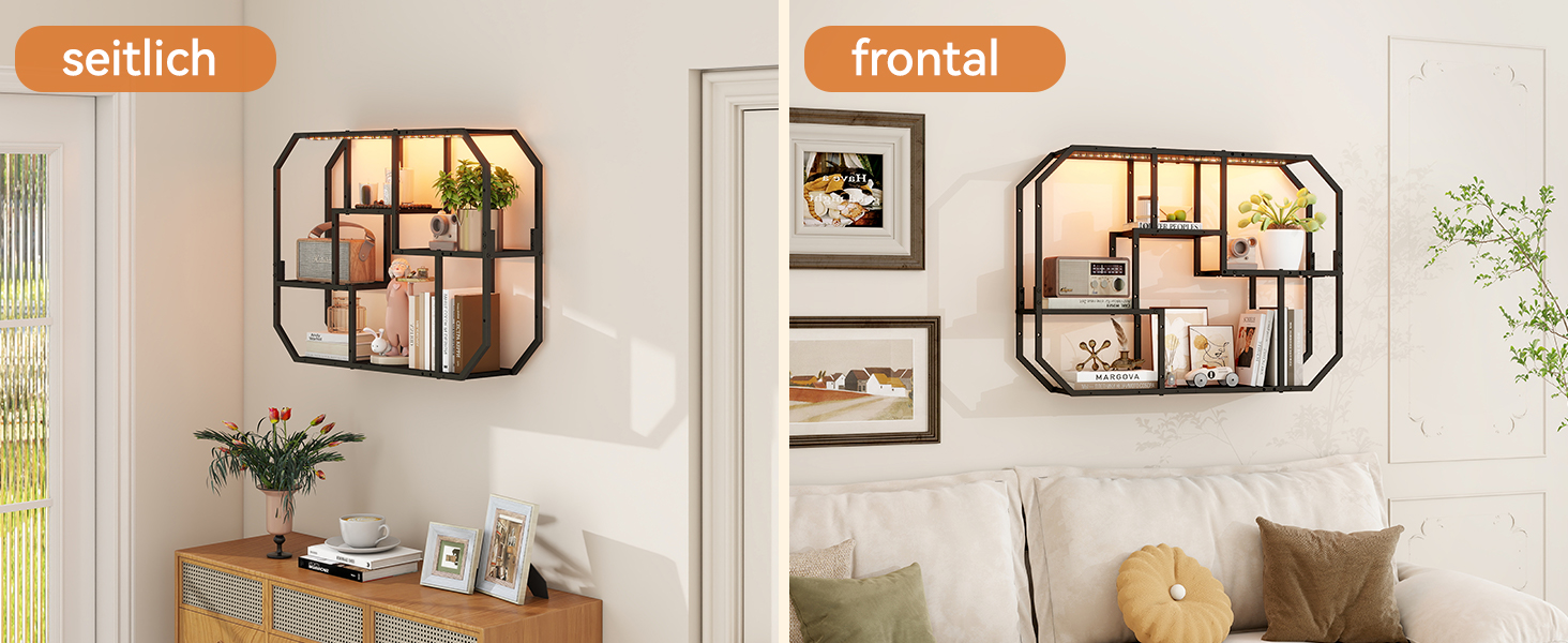 Підвісні полиці YU YUSING з RGB підсвічуванням 7 кольорів, геймерські полиці з 8 гачками, полиці для демонстрації, настінна вітрина з 2 скляними полицями, підвісна вітрина для спальні, кухні, бару, ігрової кімнати, шестигранна (чорний колір)