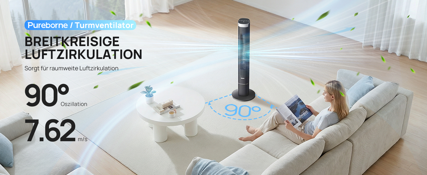 Вентилятор вежовий Leiser Smart 25дБ з осциляцією 90°, 4 режими, таймер 12 год, 109 см, чорний