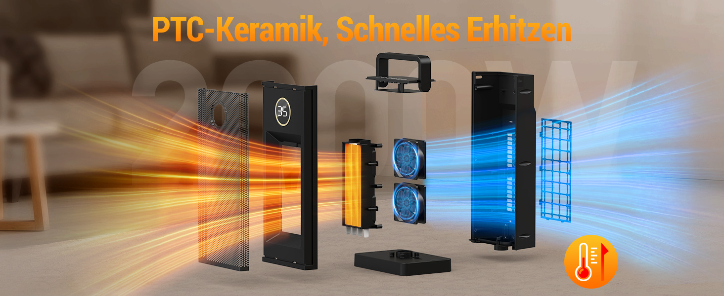 Електричний обігрівач з керамічним нагрівачем, 3 режими, 2000W, осциляція 70°, захист від перекидання, тихий обігрівач для дому та офісу