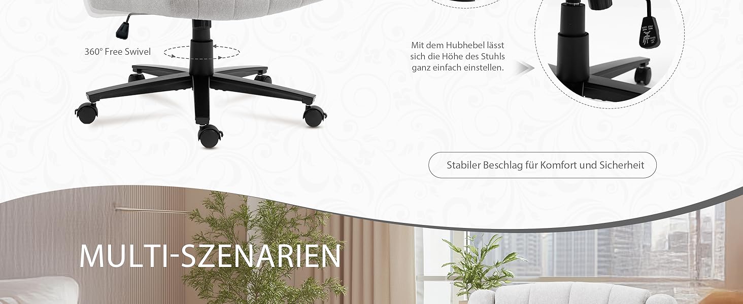 Крісло Vigosit Criss Cross з колесами, регульована ширина підлокітників, антиковзаюча тканина, комфортне сидіння, сучасний стиль, поворотне крісло для дому, туалетного столика, офісу (Сірий)