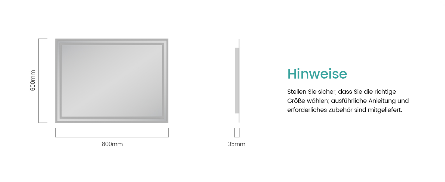 Дзеркало для ванної кімнати EMKE з підсвічуванням 120x60 см, тепле біле світло 3000K, вимикач, матовий бортик 2.70 x 50 см