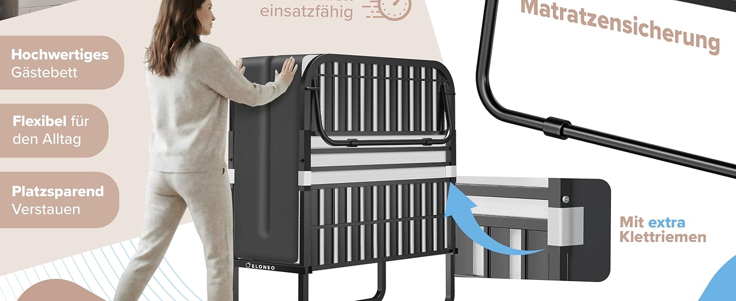 Розкладне ліжко ELONEO 80x200 см з преміум-матрацом, металевий каркас, витримує до 250 кг, гостьове ліжко на колесах з захисним чохлом
