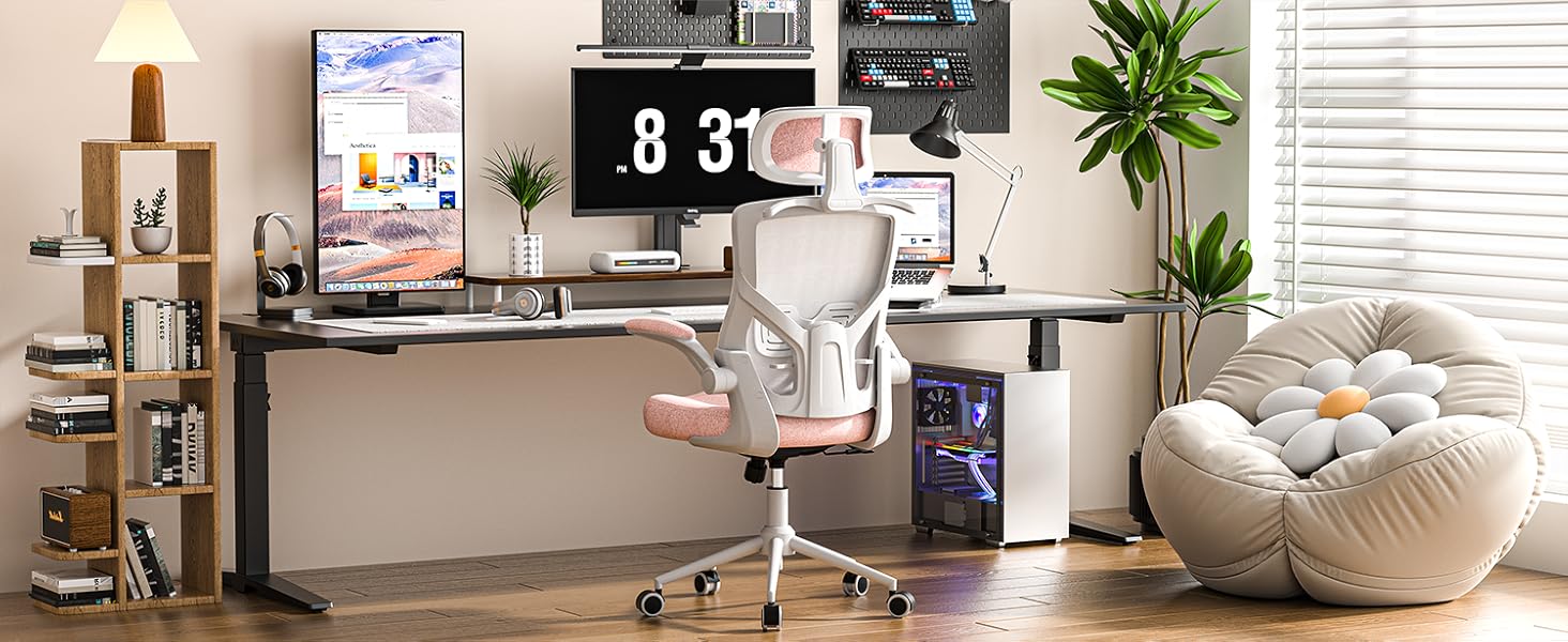 Ергономічне крісло для офісу з регульованою підголівником та поперековою підтримкою – високе офісне крісло з сітчатим спинком та м'яким сидінням, вішалка для одягу та функцією блокування (білий та рожевий)