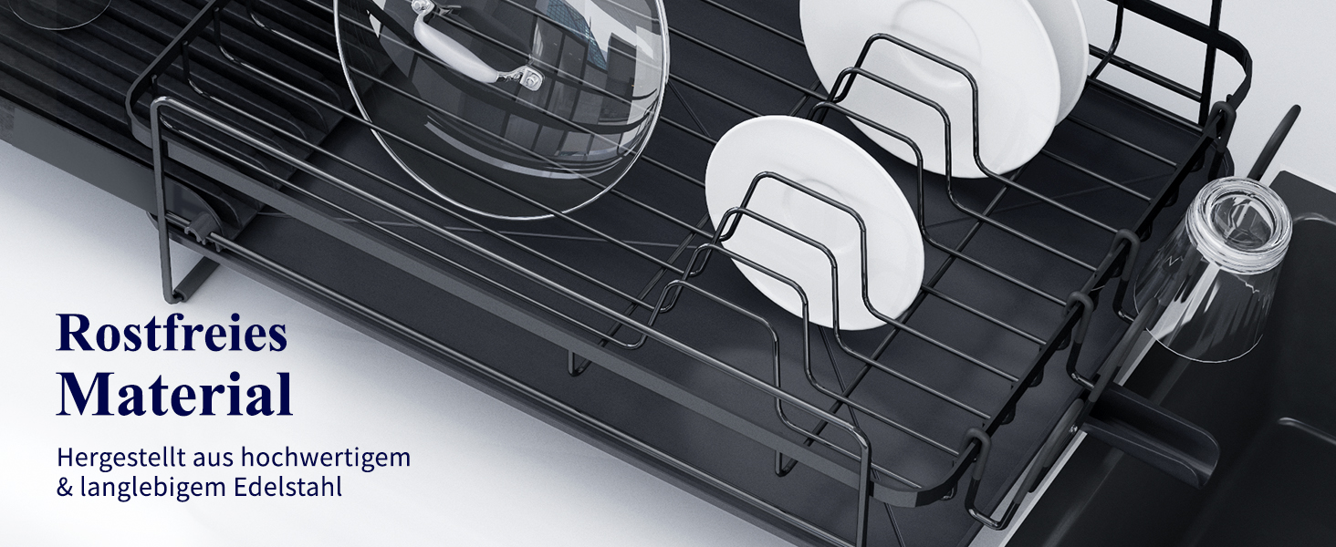 Сушилка для посуду Kitsure, висувна, багатофункціональна, з місцем для столових приборів, 67.8 x 32.7 x 14.9 см, чорна