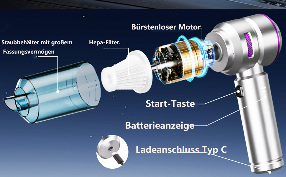 Акумуляторний ручний пилосос для авто та дому 4-в-1, потужність 22000Па, бездротовий з мийним HEPA-фільтром