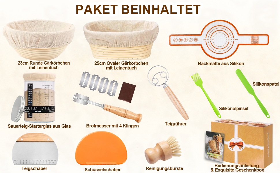 Набір для закваски з 21 елементом: 2 гільзи (23 см круглі, 25 см овальні), скляна тара 900 мл для заквашування, аксесуари для випікання хліба для початківців та професіоналів