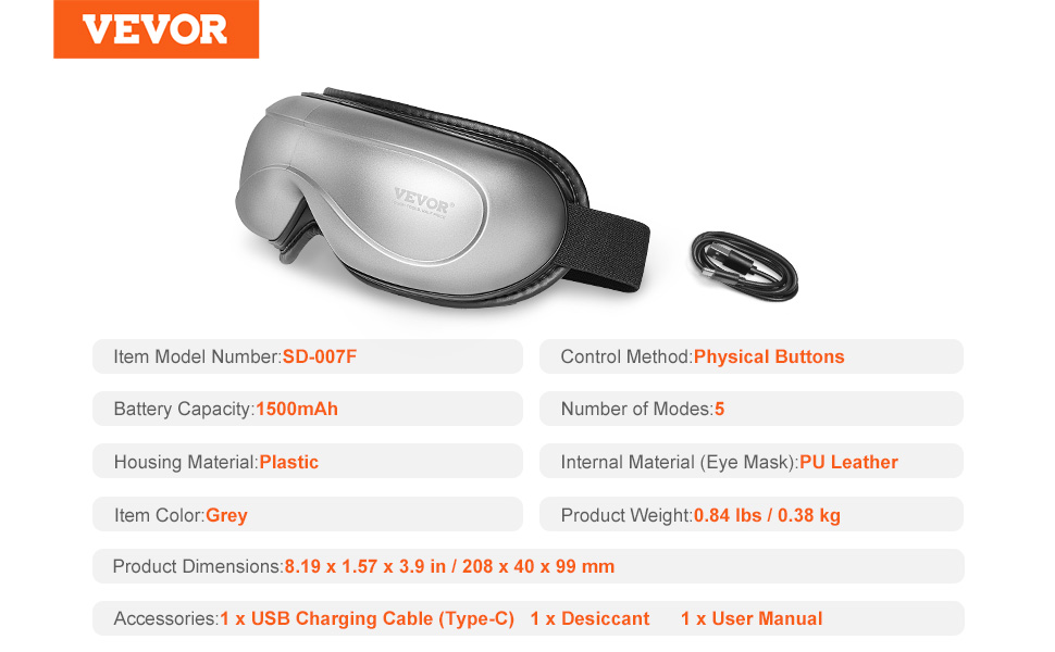 Масажер для очей VEVOR з гарячою компресою, 5 режимів, Bluetooth-музика, 180° складна маска для догляду за очима, сірий