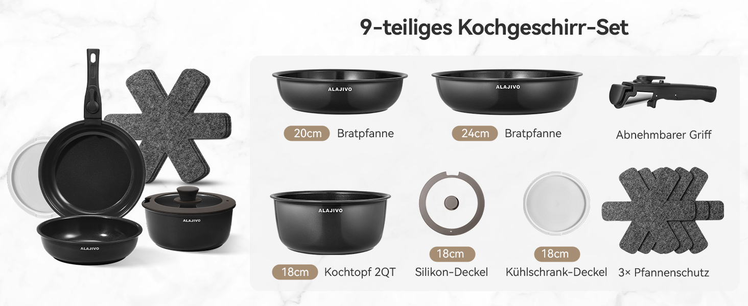 Набір каструль та сковорідок 9-ти частинний з антипригарним покриттям, для всіх типів плит, включаючи індукційні, сумісний з духовкою (темно-сірий)