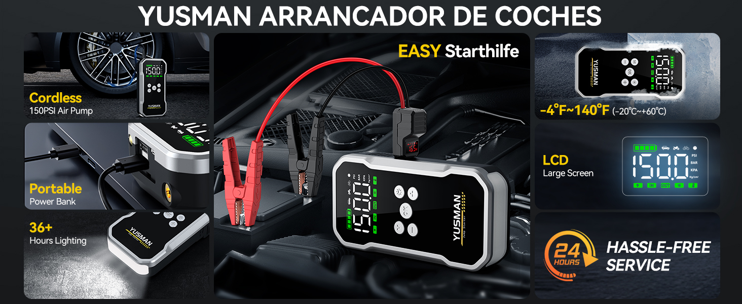 Powerbank для автомобіля Starthilfe: 6000A, 12V, для бензинових та дизельних авто, LCD-дисплей, 4 режими LED-підсвічування – для SUV, мотоциклів, газонокосарок