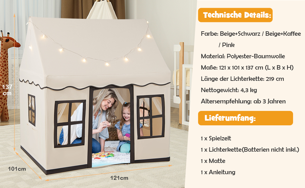 Дитячий намет DREAMADE з гірляндою та килимком, намет Тіпі, дитячий будиночок з вікнами, намет для хлопчиків та дівчаток, для дому та вулиці (Бежевий + Чорний)