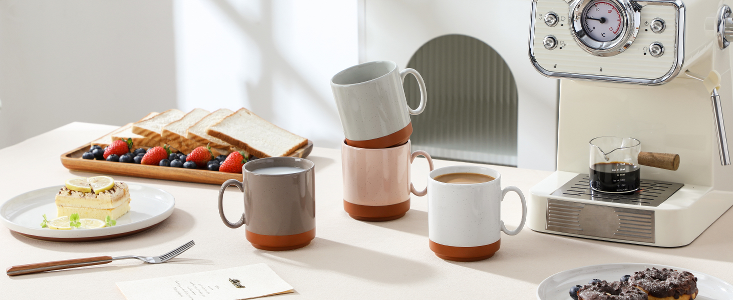 MALACASA Набір посуду з 24 предметів для 6 осіб, керамічний сервіз з реактивною глазур'ю, тепла колірна гамма. Включає: 6 тарілок для їжі, 6 тарілок для десерту, 6 супових тарілок, 6 мисок для мюслі. Колір: білий з коричневим низом (4 чашки для кави, багатоколірні).