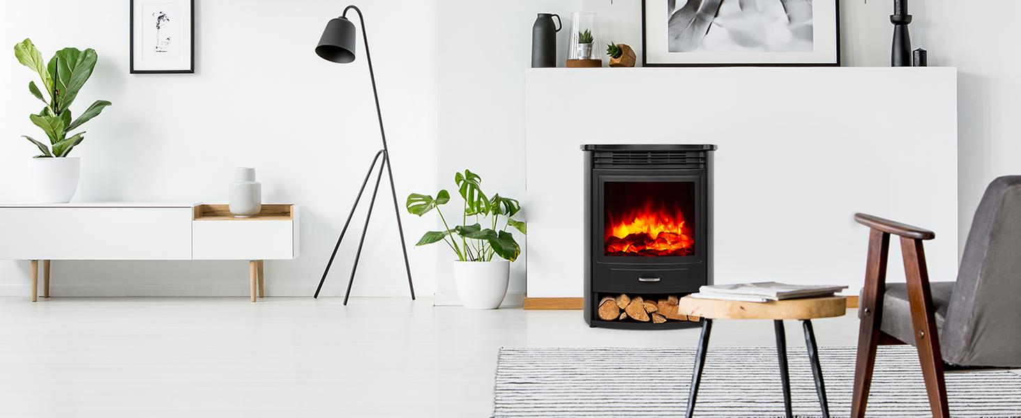 Електрокамін Klarstein Bormio S Smart, 1900 Вт, електричний обігрівач для вітальні, LED-імітація полум'я, з термостатом, таймером і пультом, чорний