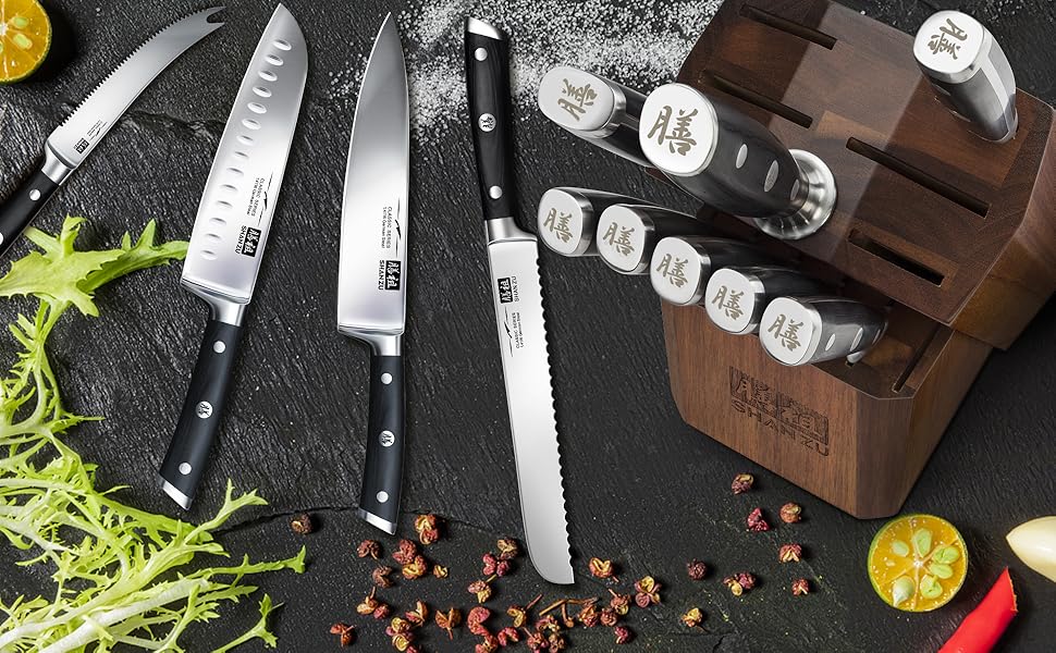 Набір кухонних ножів SHAN ZU з бруском, 14 предметів. Професійний німецький набір ножів для кухні з бруском, дерев'яний, сріблястий.
