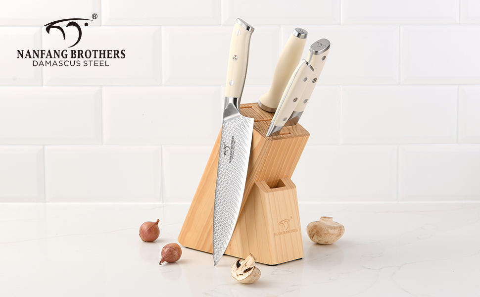 Набір кухонних ножів NANFANG BROTHERS Profimesser Damaskus 5 предметів з дерев'яним блоком, з дамаської сталі, нержавіюча сталь