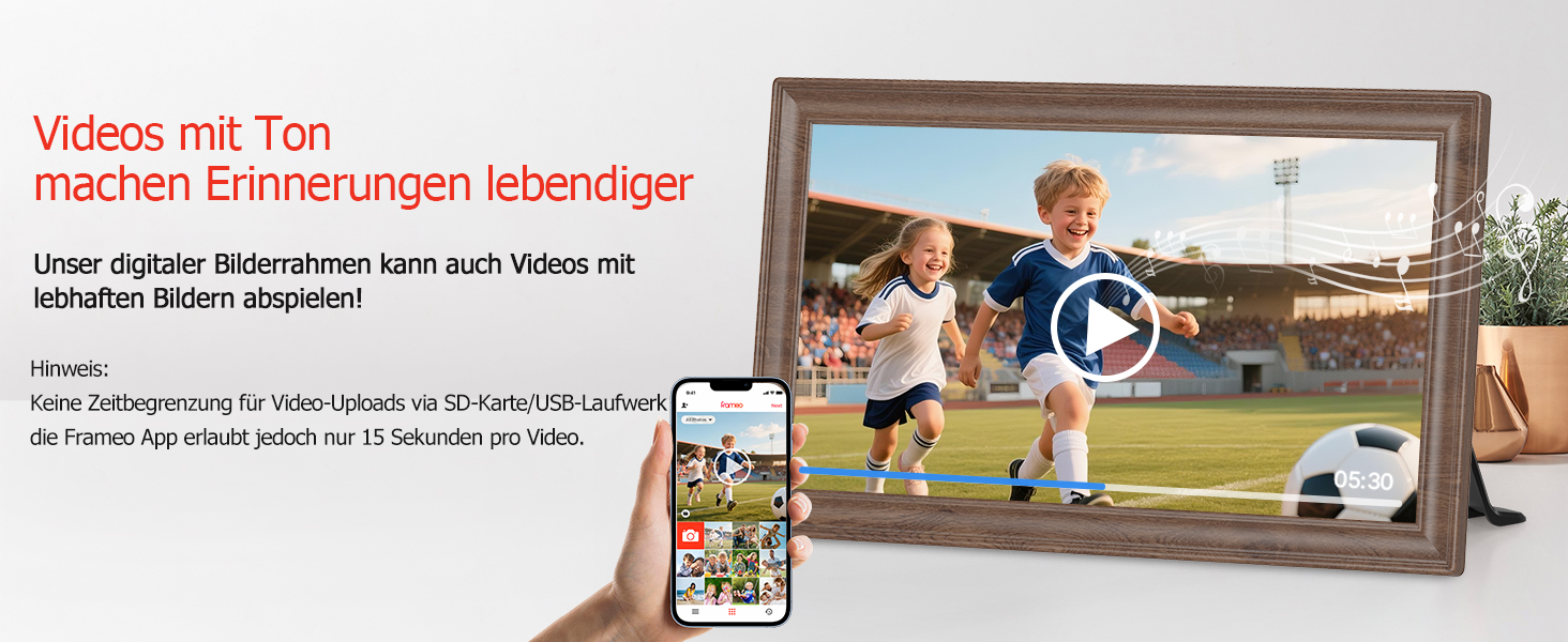 Цифровий фоторамка Frameo 10.1 дюйма з Wi-Fi, сенсорний IPS екран HD 1280*800, 32GB пам'яті, автоповорот, підтримка Frameo App для зручного обміну фото та відео, корпус з дерева (15.6 дюймів)