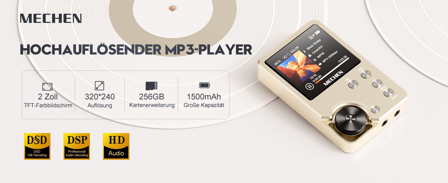 MECHEN M30 Hi-Res MP3-плеєр, HiFi цифровий аудіоплеєр з підтримкою DSD, FLAC, DAC, CUE, без втрати якості, портативний DAP, 64ГБ карта пам’яті, підтримка до 256ГБ